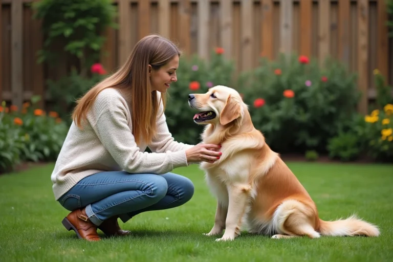Femme en jeans guide son chien dans le jardin