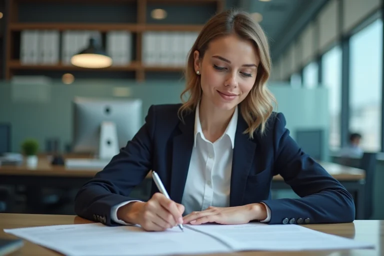 Femme en costume examinant un contrat au bureau