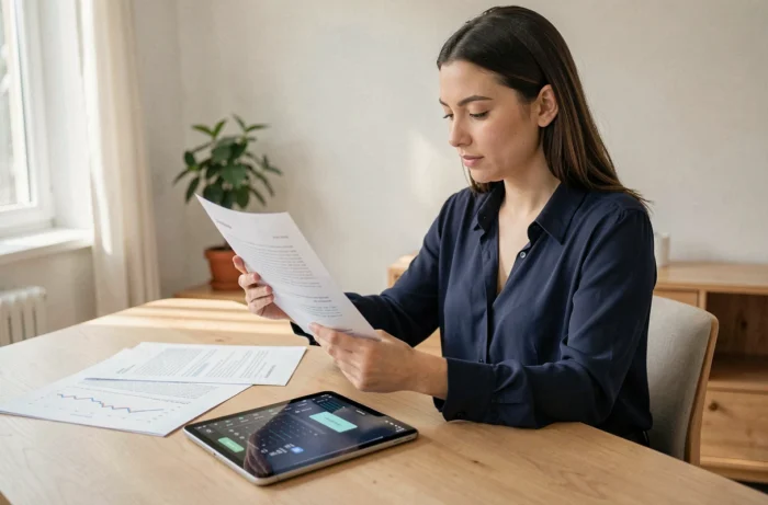 Femme comparant un document A4 imprimé avec les dimensions en pixels sur une tablette dans un bureau moderne