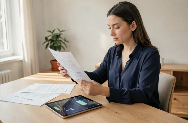 Femme comparant un document A4 imprimé avec les dimensions en pixels sur une tablette dans un bureau moderne