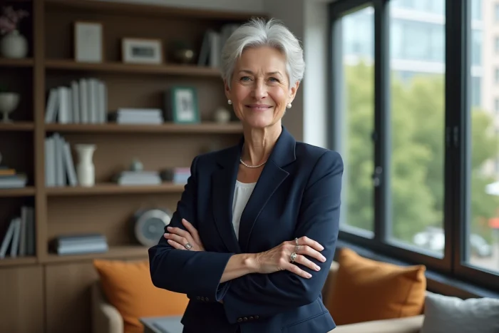 Femme élégante en bureau moderne avec livres et fenêtres