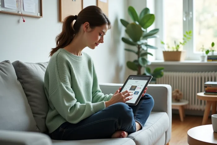 Jeune femme freelance travaillant sur la refonte d'un site web et la gestion des réseaux sociaux depuis un bureau à domicile confortable