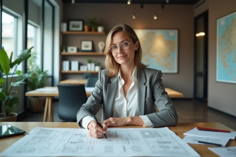 Femme d affaires examinant des plans dans une agence immobiliere