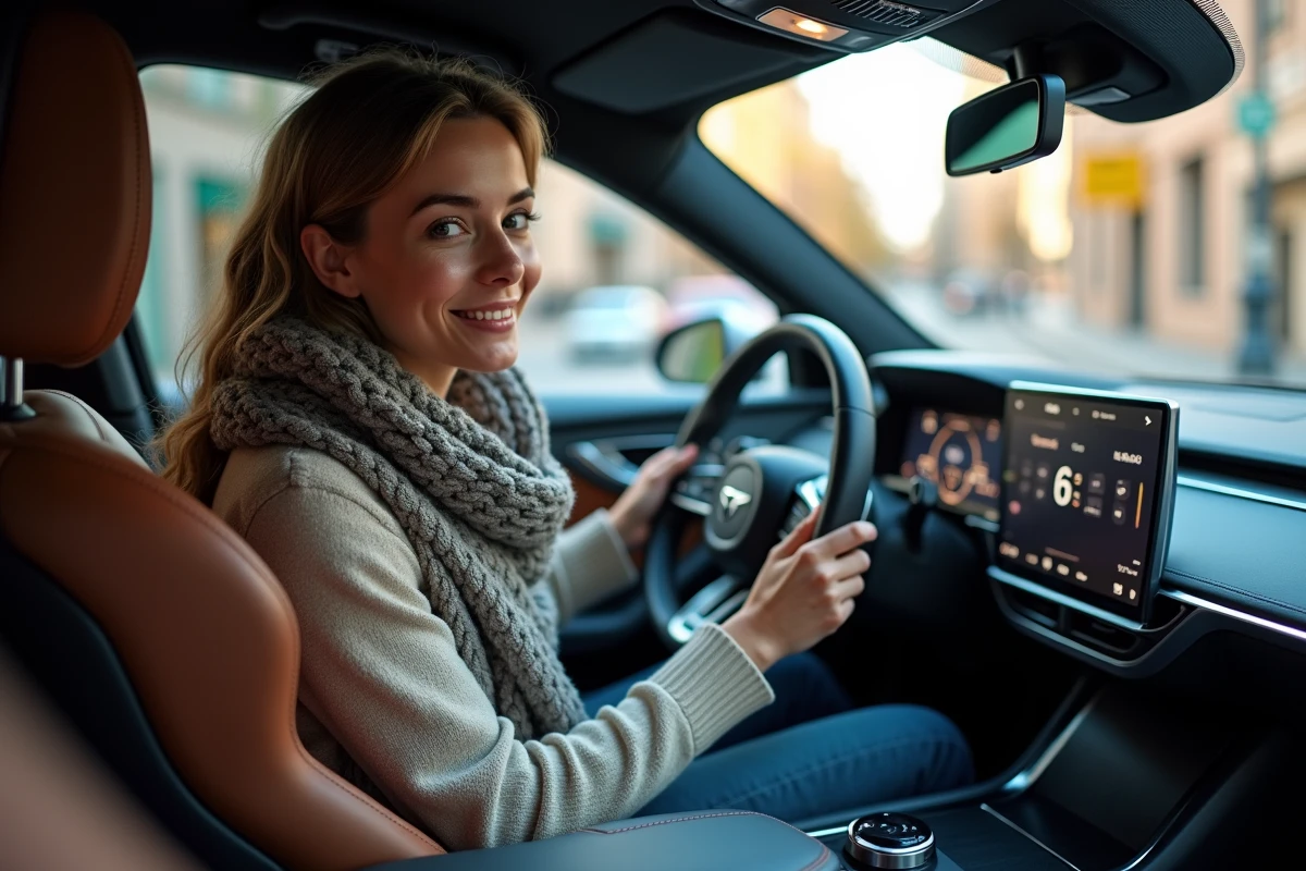Jeune femme souriante dans l intérieur d une voiture 2024