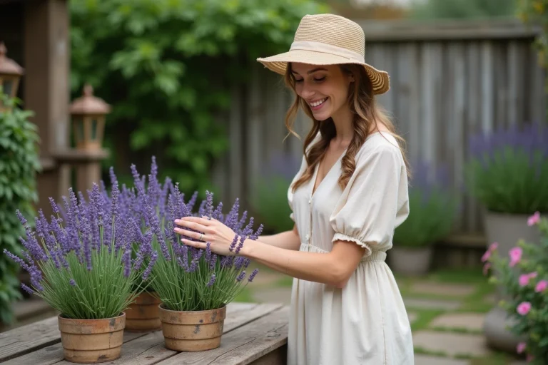 Femme souriante dans un jardin avec lavande et ambiance rustique