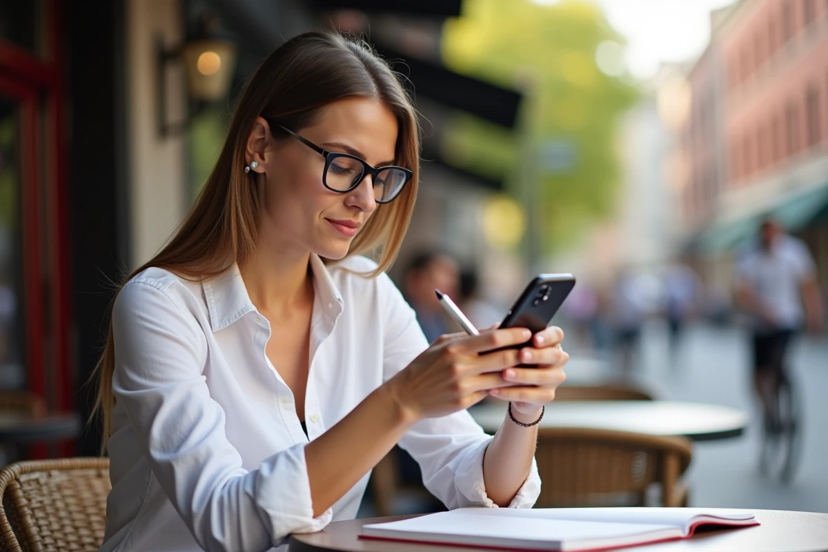 Femme lisant des actualités sportives en extérieur