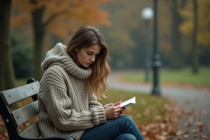 Jeune femme en automne sur un banc contemplant une lettre