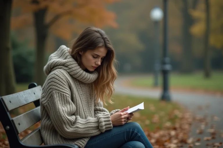 Jeune femme en automne sur un banc contemplant une lettre