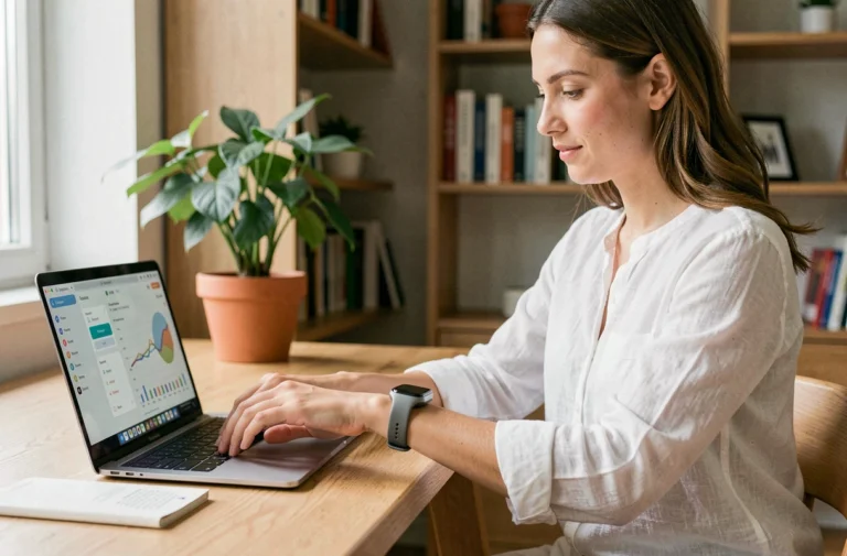 Femme utilisant une montre connectée et un ordinateur portable dans un bureau à domicile moderne aux tons scandinaves