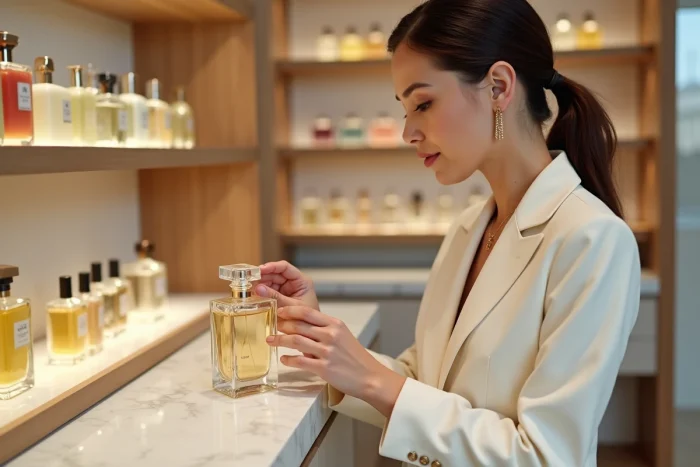 Femme élégante examinant un flacon de parfum dans une parfumerie Nocibé au design moderne et luxueux