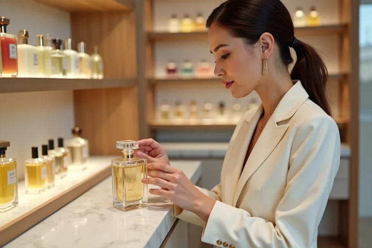 Femme élégante examinant un flacon de parfum dans une parfumerie Nocibé au design moderne et luxueux