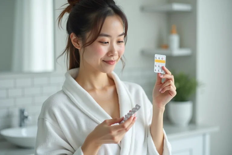 Jeune femme tenant une plaquette de pilule contraceptive Adepal dans une salle de bain minimaliste, examinant le médicament pour traiter l'acné hormonale