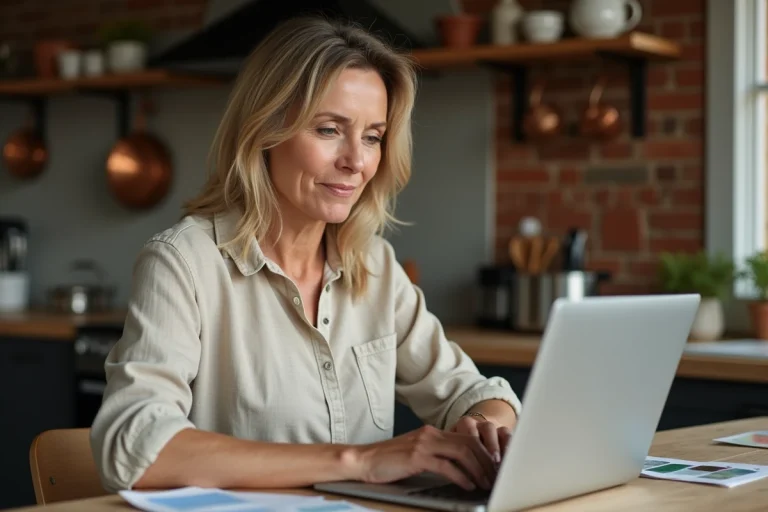 Femme consultant une plateforme de rénovation en ligne sur son ordinateur portable dans une cuisine rustique
