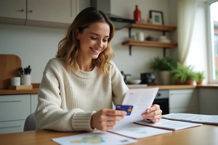 Femme souriante vérifiant sa Mastercard et documents de voyage