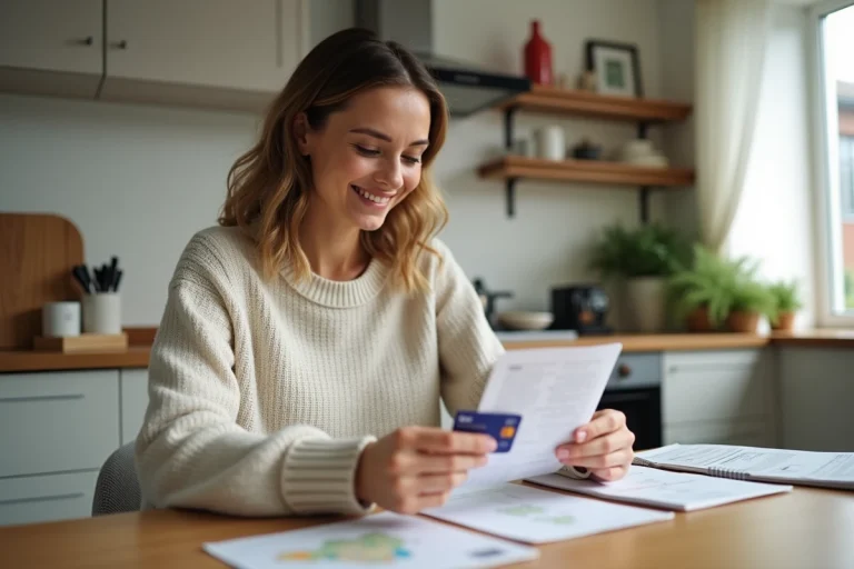 Femme souriante vérifiant sa Mastercard et documents de voyage