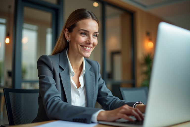 Femme professionnelle en visioconference dans un bureau moderne