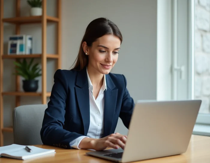 Femme en blazer bleu marine cherchant un emploi sur son ordinateur portable dans un bureau à domicile moderne