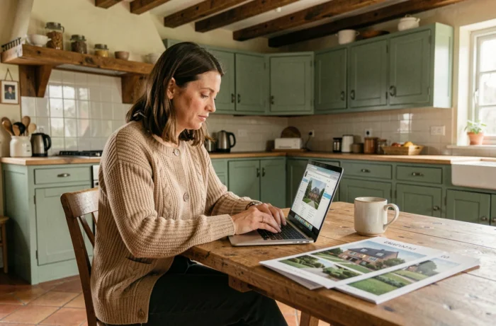 Femme recherchant des biens immobiliers en ligne depuis sa cuisine dans une maison belge rénovée
