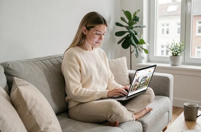 Femme consultant une plateforme immobilière en ligne sur son ordinateur portable depuis son salon minimaliste