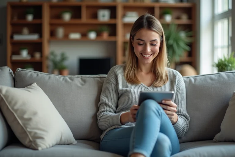 Femme détendue dans son salon utilisant une tablette