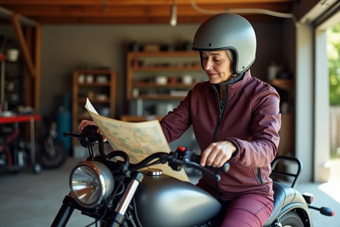 Femme senior aux cheveux argentés assise sur une moto cruiser dans un garage, consultant une carte de route