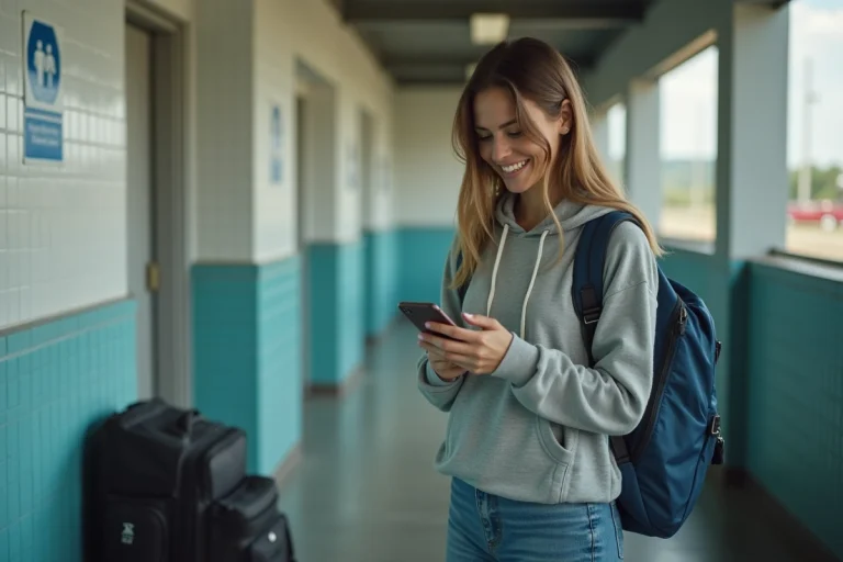 Jeune femme souriante vérifiant son téléphone près d'une douche de halte routière