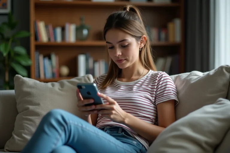 Jeune femme regardant un match de cricket sur son iPhone dans un salon