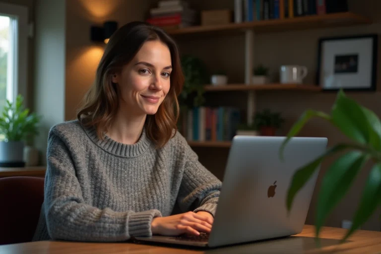 Femme naviguant sur un site de téléchargement de films depuis son ordinateur portable dans un bureau à domicile