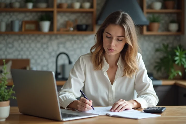 Jeune femme travaillant à domicile avec ordinateur et calculatrice