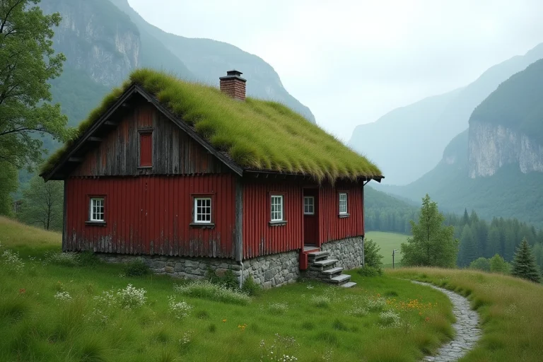 Ferme norvégienne traditionnelle avec toit en herbe recouvert de plantes sauvages dans une vallée de fjord entourée de montagnes brumeuses