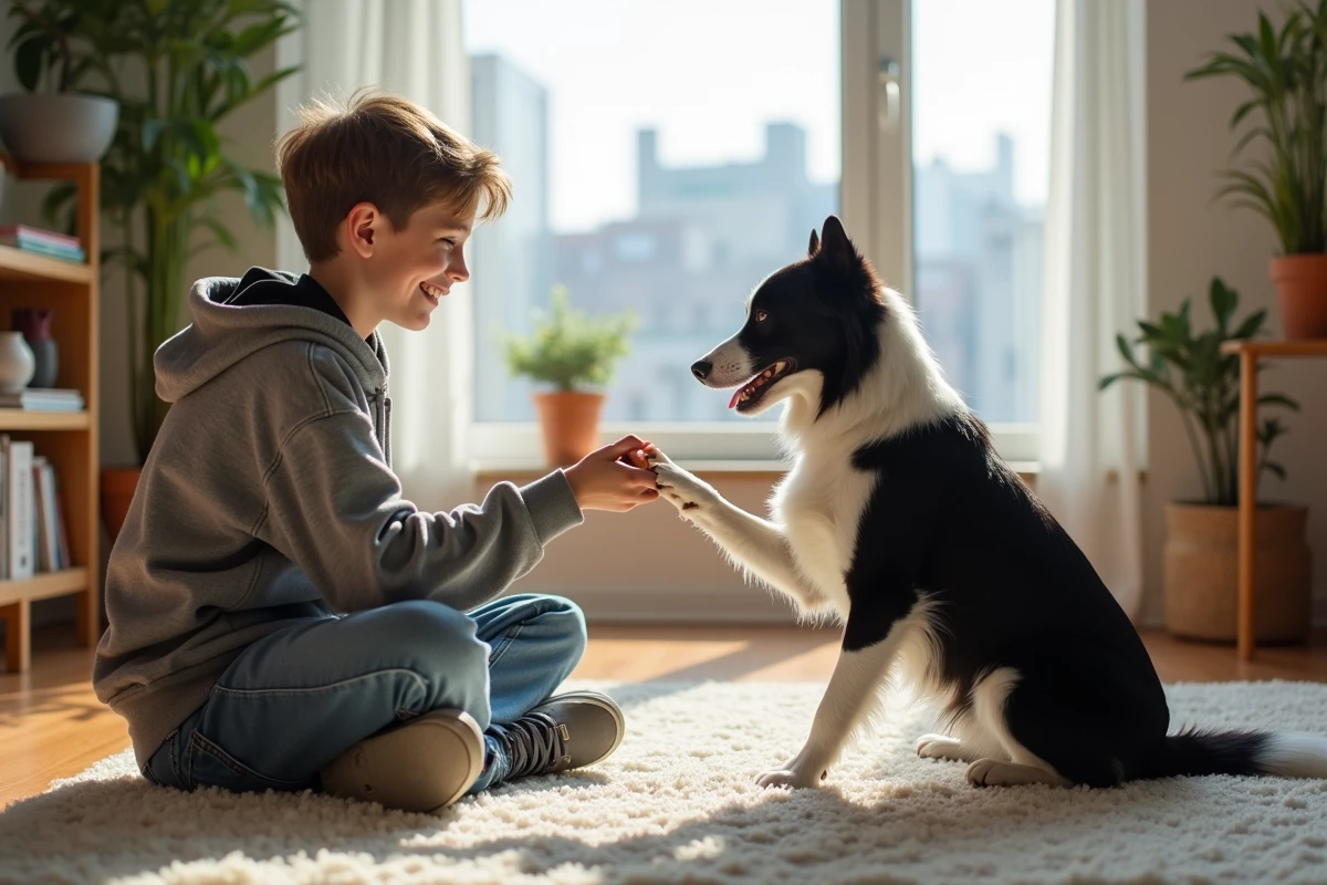 Adolescent donne une friandise à son chien dans le salon