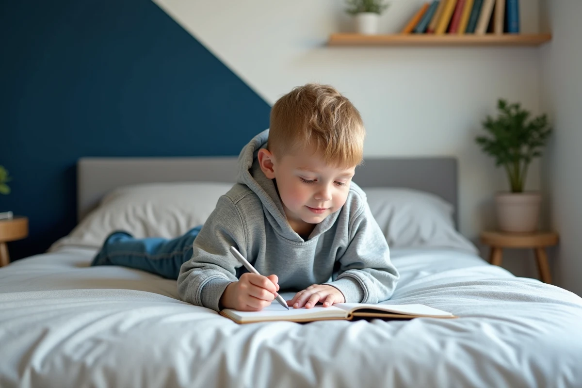 Garçon de 10 ans dessinant sur son lit