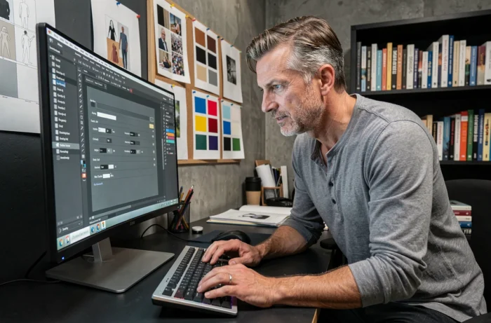 Graphiste configurant les dimensions A4 en pixels sur un logiciel de design dans un studio professionnel