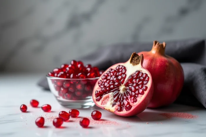 Grenade coupée en deux et bol en verre rempli d'arilles rouge rubis scintillantes sur un marbre blanc avec graines éparpillées