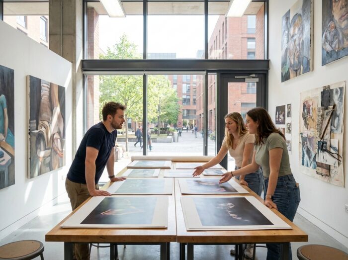 Groupe d'étudiants en classe préparatoire aux beaux-arts discutant de portfolios lors d'une session de critique collective