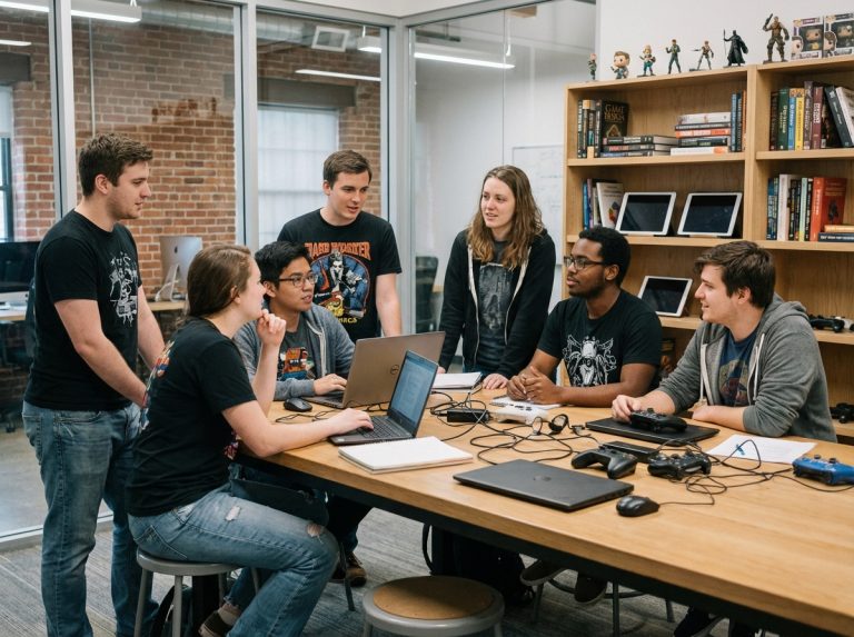 Groupe de jeunes créatifs discutant dans une salle moderne