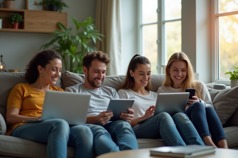 Groupe de jeunes regardant du contenu sur différents appareils
