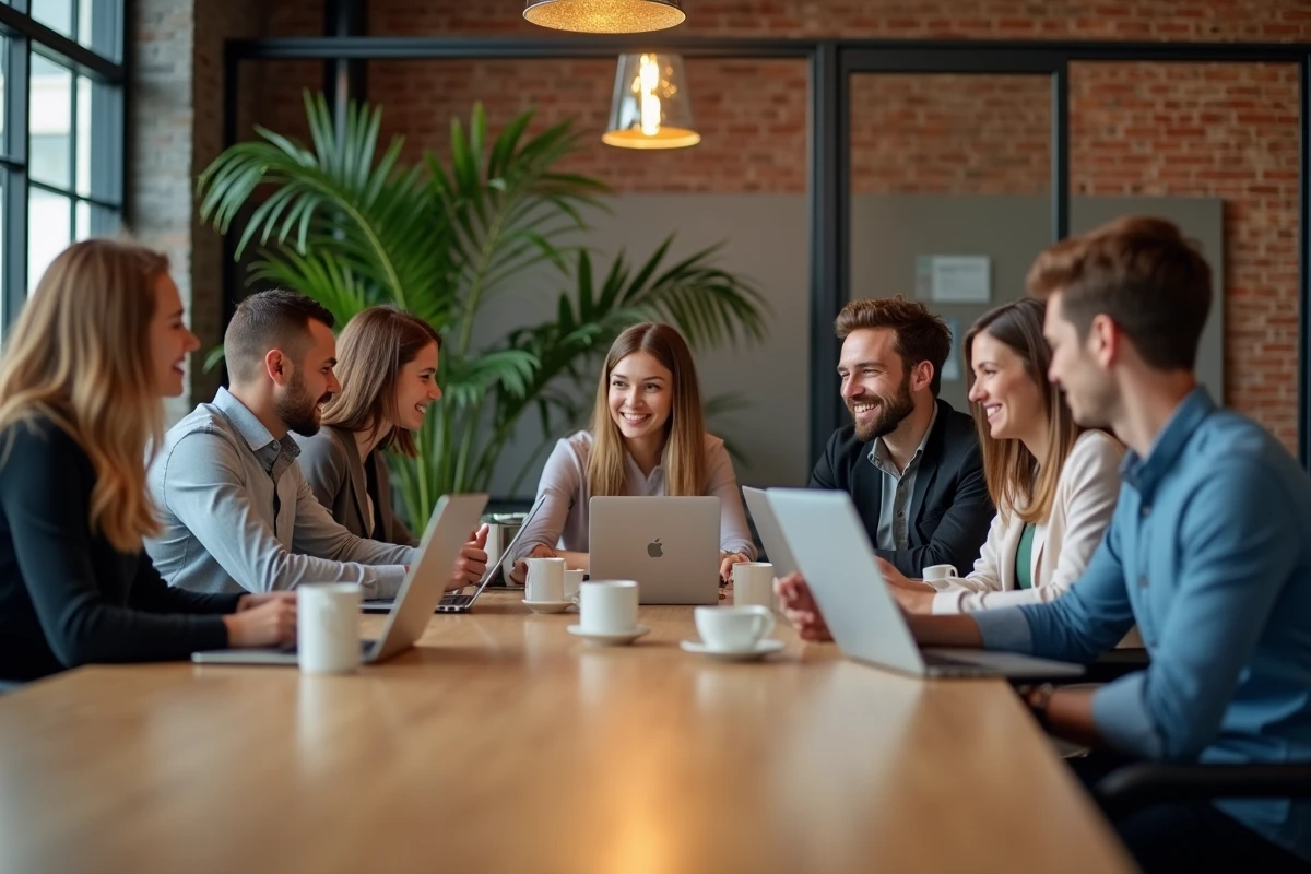 Groupe de jeunes adultes en réunion dans un espace coworking