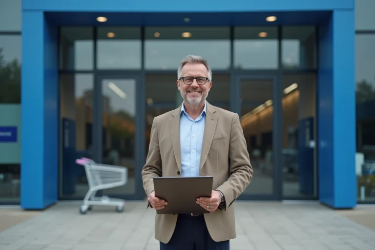 Homme d affaires français souriant devant un grand magasin moderne