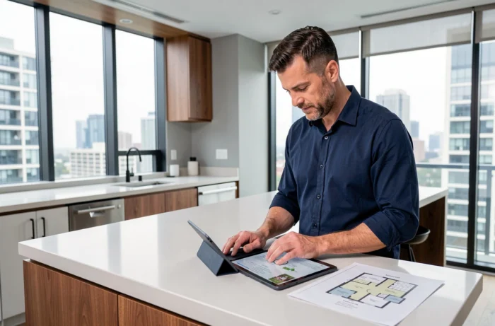 Homme analysant des annonces immobilières sur une tablette dans une cuisine moderne avec vue sur la ville