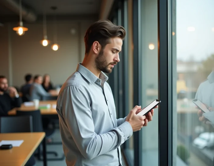 Jeune homme consultant une application de réseau professionnel sur smartphone dans un espace de coworking moderne