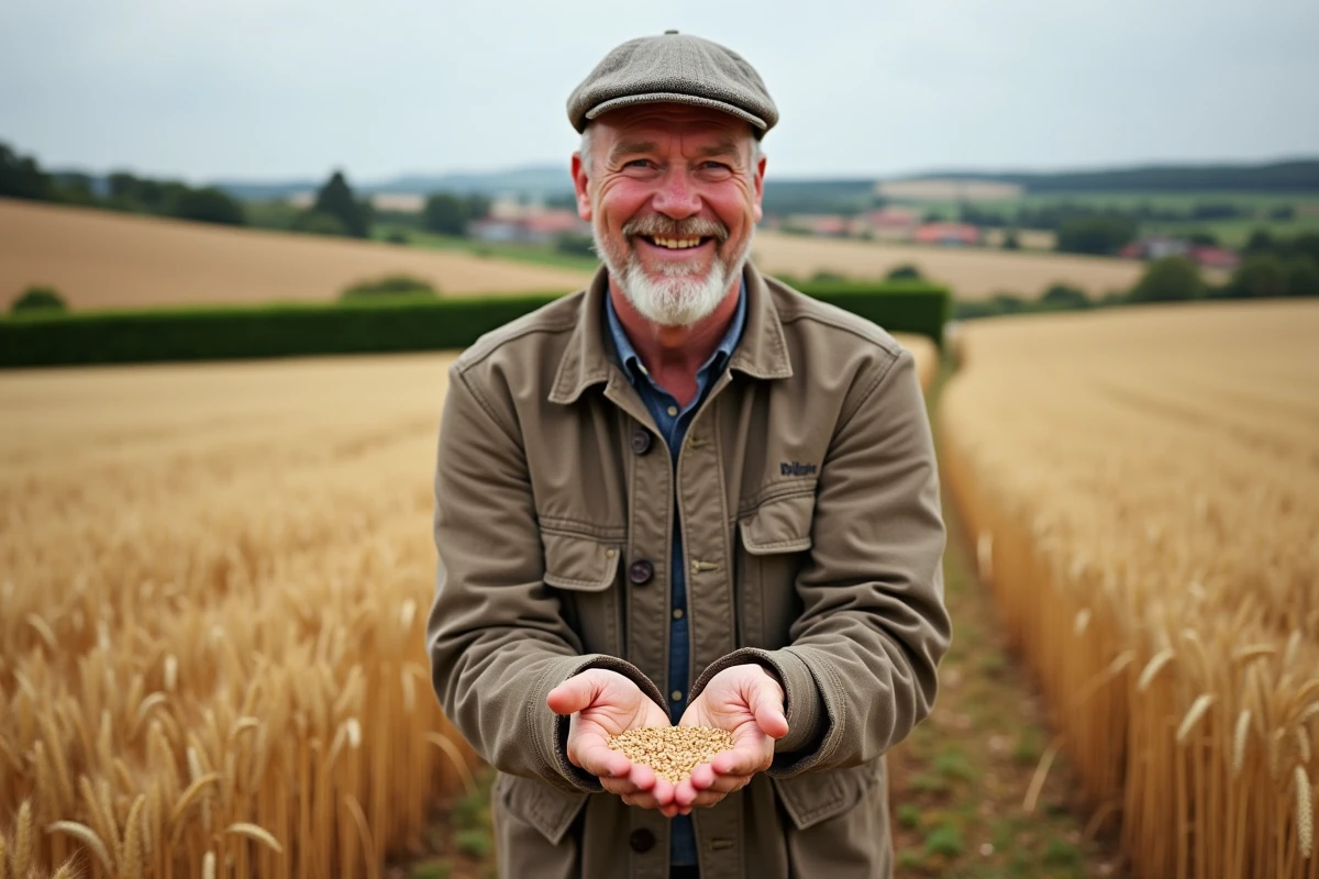 Homme souriant tenant des grains dans un champ de blé