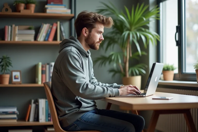 Homme concentré travaillant sur son ordinateur dans un bureau moderne