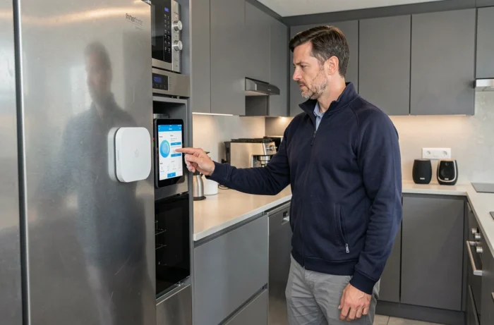 Homme interagissant avec une tablette domotique dans une cuisine connectée au design moderne et épuré