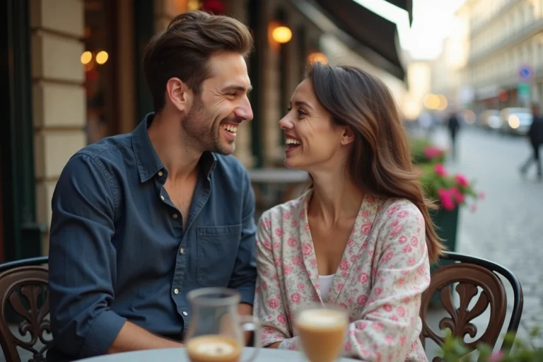 Un homme et une femme en conversation complice à une terrasse de café parisien, illustrant l'expression affectueuse ma belle