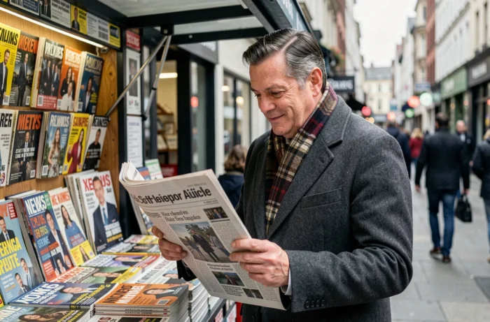Homme parcourant un journal aux titres insolites devant un kiosque de presse en ville