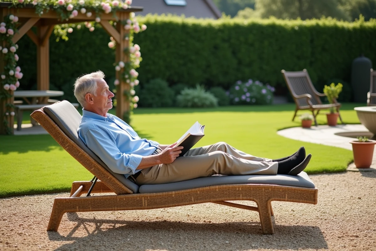 Homme lisant dans un jardin paisible avec pergola et verdure