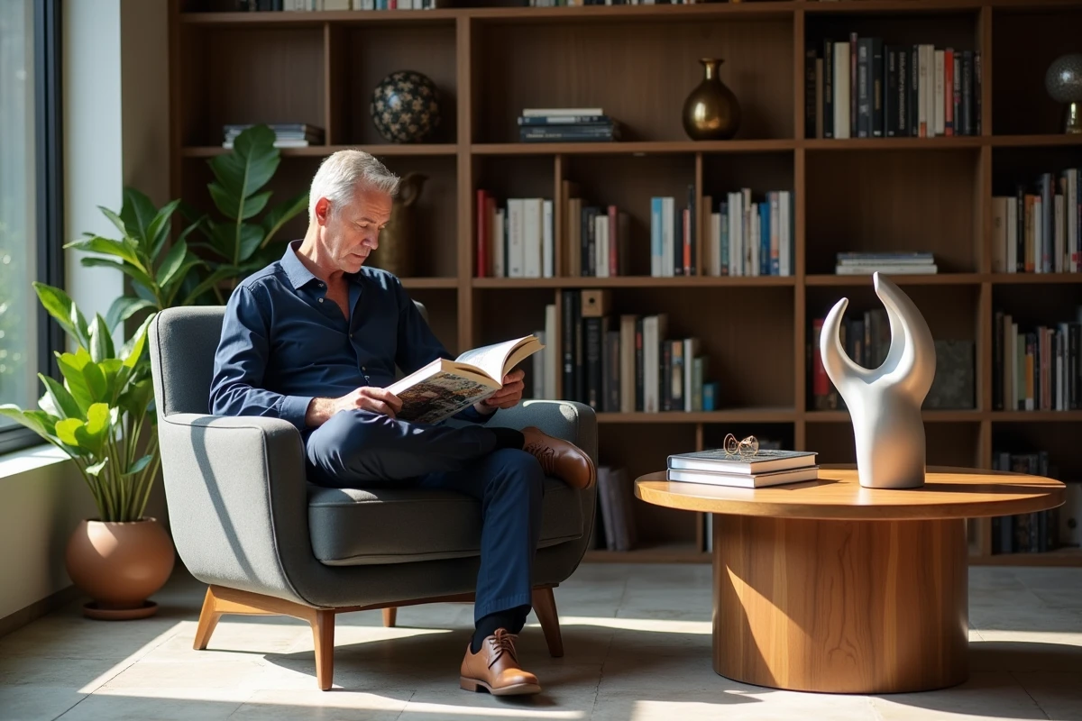 Homme lisant un livre dans un bureau avec sculpture moderne