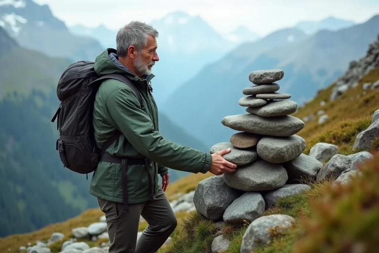 Homme d age en randonnée posant une pierre sur un cairn en montagne