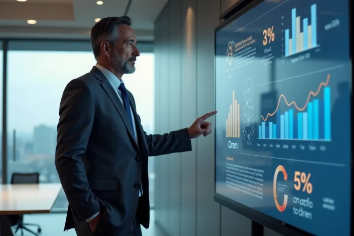 Homme d'affaires présentant une stratégie de marketing digital et de référencement SEO sur un grand écran tactile en salle de réunion